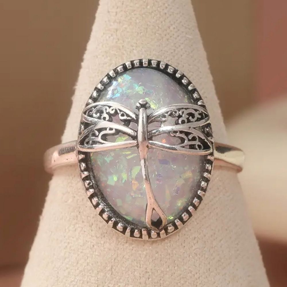 Vintage Elegant Silver Dragonfly Opal Ring Sz 8